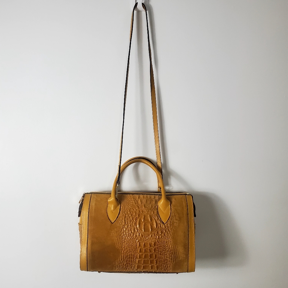 Mustard Yellow Croc-Embossed Suede Satchel Handbag - Picture 3 of 10